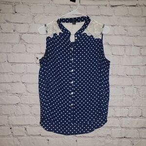 FOREVER 21 Polka Dot Button Down Lace Trim Blouse